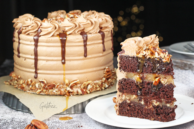 Chocolate Bourbon Pecan Pie Cake