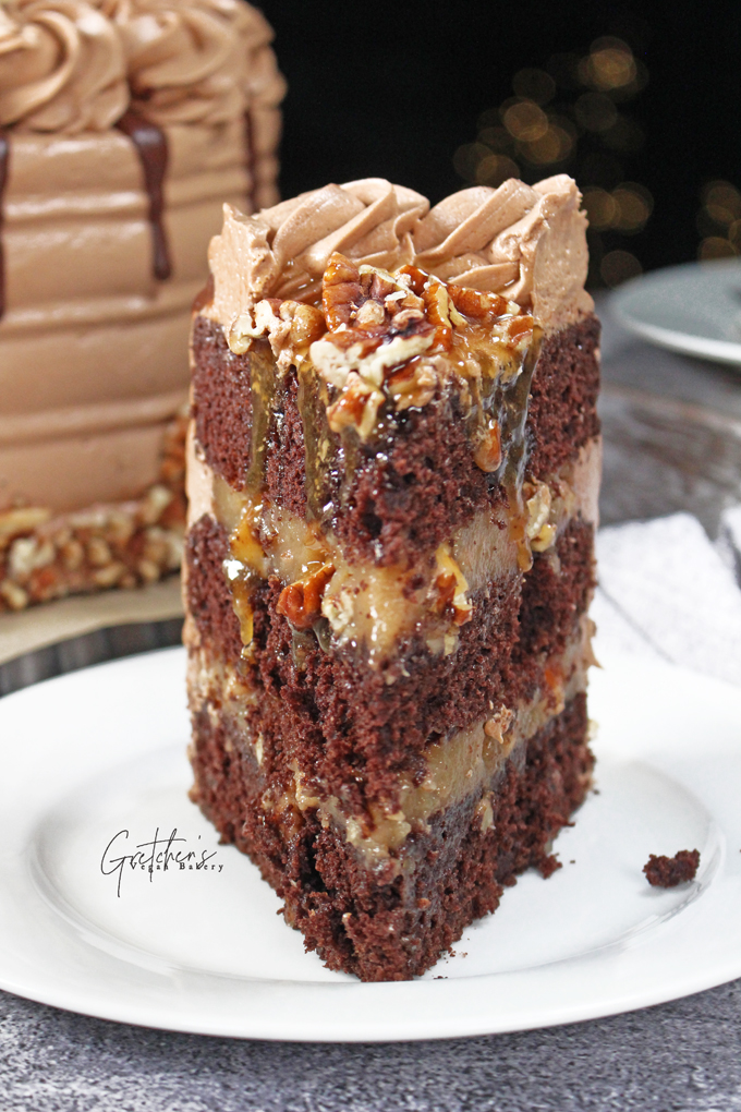 Chocolate Bourbon Pecan Pie Cake