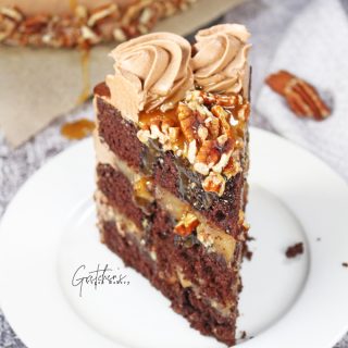 Chocolate Bourbon Pecan Pie Cake
