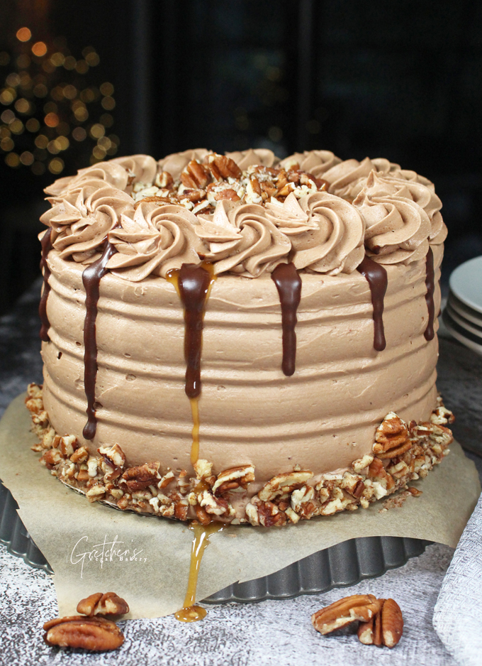 Chocolate Bourbon Pecan Pie Cake